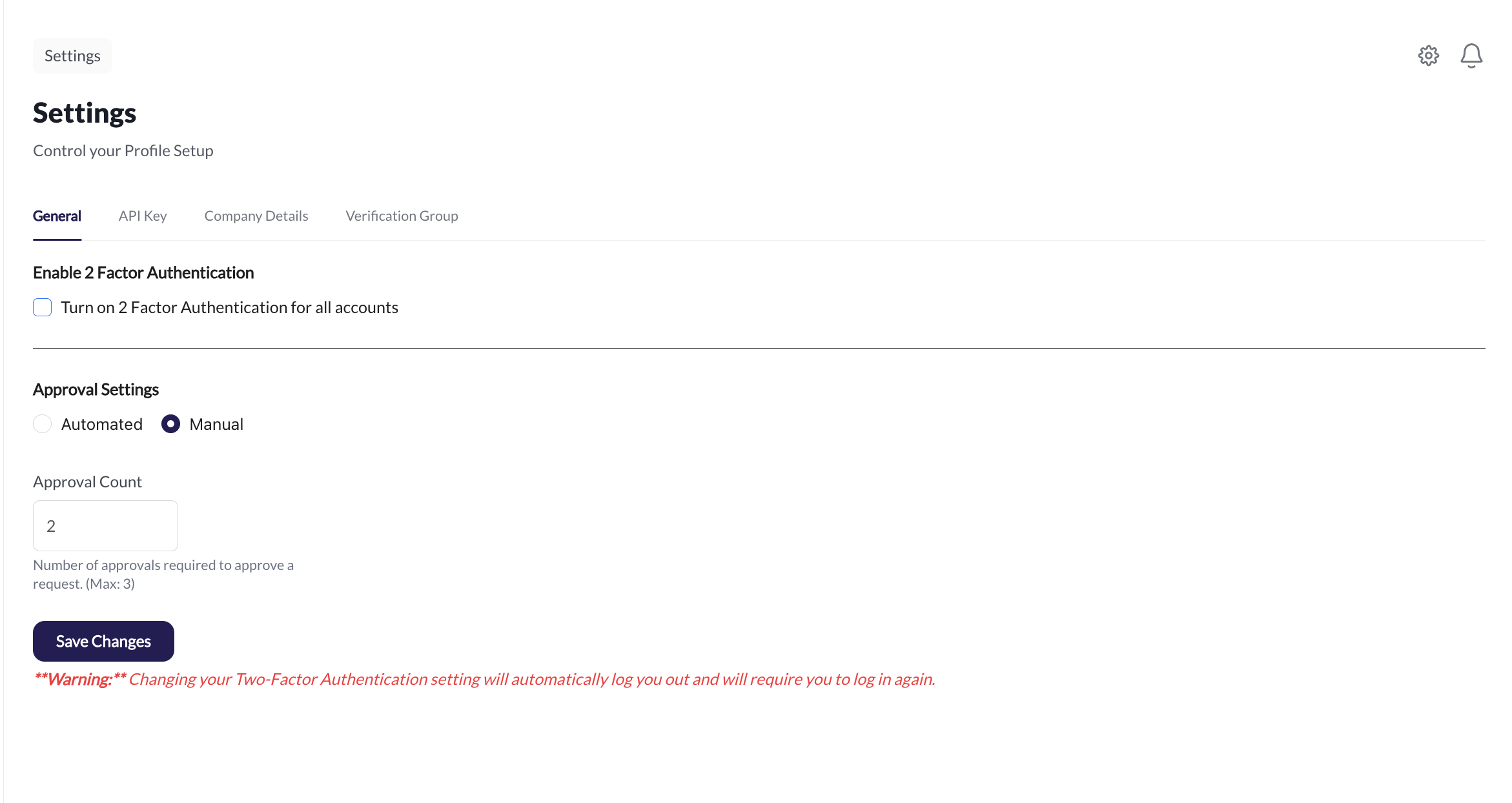 General Settings Approval Configuration